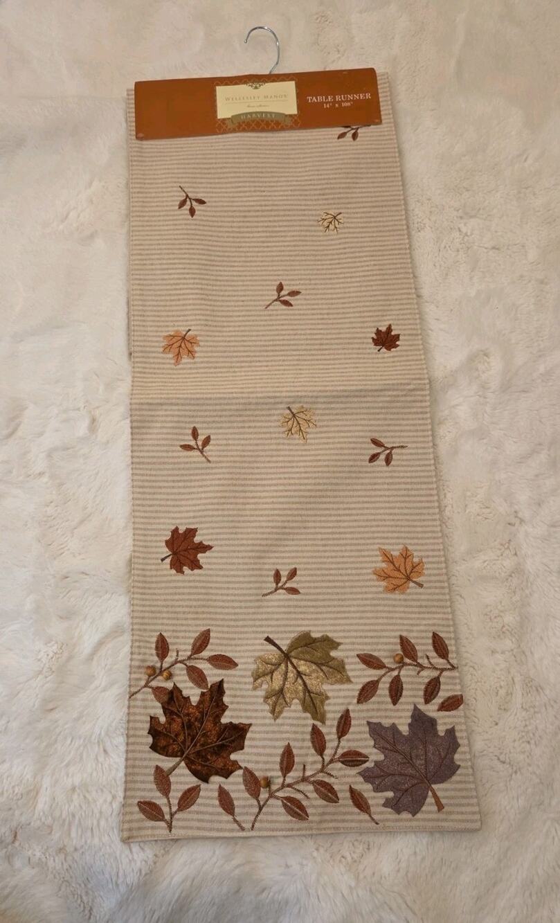 Wellesley Manor Harvest Table Runner New Embroidered Fall Leaves Applique 14x108